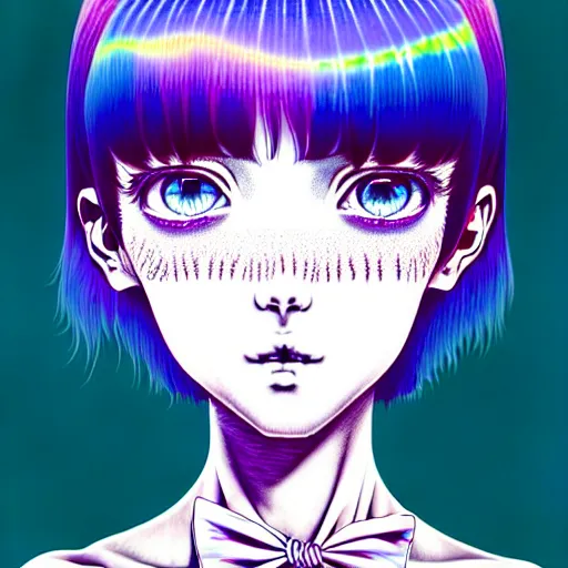 Prompt: amazingly detailed art illustration of a beautiful young woman, with morbid thoughts, wearing a tie-dye shirt, short shorts, with short hair with bangs, she is the queen of sharp needles, under the effect of psychosis and euphoria, by Range Murata, Katsuhiro Otomo, Yoshitaka Amano, and Artgerm. 3D shadowing effect, 8K resolution.