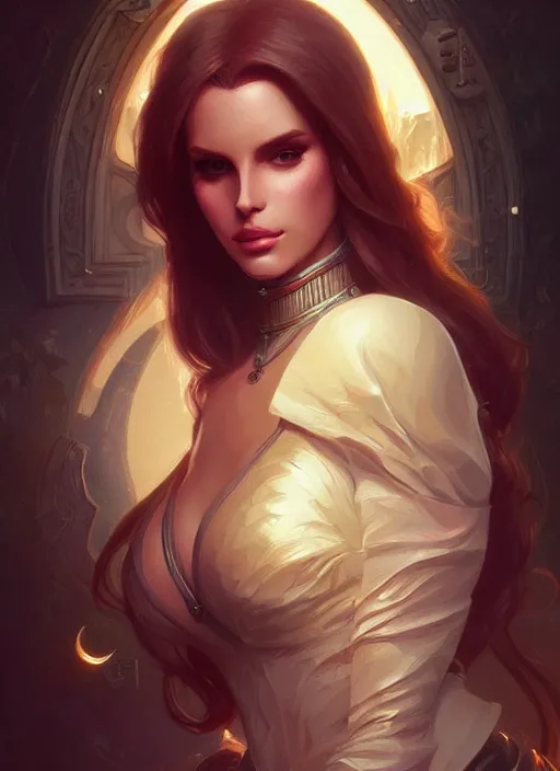 Prompt: beautiful humanoid android, lana del rey, d & d, fantasy, intricate, elegant, highly detailed, digital painting, artstation, concept art, matte, sharp focus, illustration, hearthstone, art by artgerm and greg rutkowski and alphonse mucha