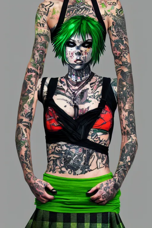 Prompt: upper body portrait punk woman with green mohawk, covered in goth style tattoos, wearing a bold tees shirt, fishnets and a long tartan skirt, intimidating, max details, hyperrealistic, photorealistic, ultra - realistic, ultra - detailed, cinematic, 8 k resolution by alan lee