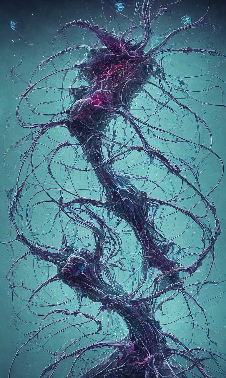 Image similar to internal lymphocyte virion rawandrendered synaptic fractality transmission embryonic beholder glial neurons cyberpunk nerve cells microscopic plankton by wojtekfus facey rossdraws. neuronal iridescent neuron synapse by beksinski. # imaginativerealism
