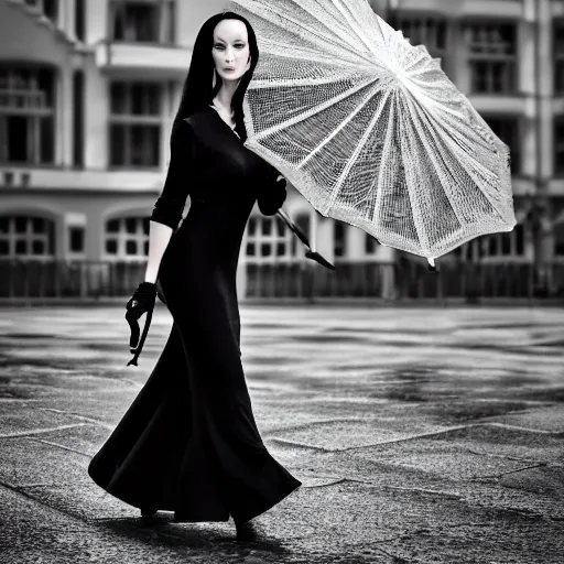 Prompt: morticia addams holding a parasol during a [ humid, rainy day ] as she saunters across the city, closeup!!!, trending on artstation, 4 k photorealism, unsplash contest winner, shot by jimmy nelson