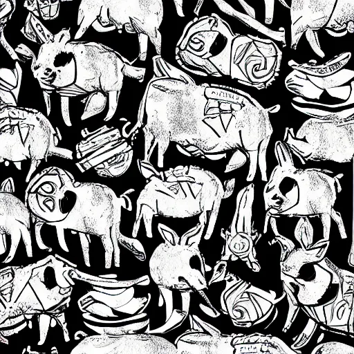 Prompt: pigs and crowns on a white background, wallpaper, Illustration, Anatomical Drawing, Painting, black and white, high contrast