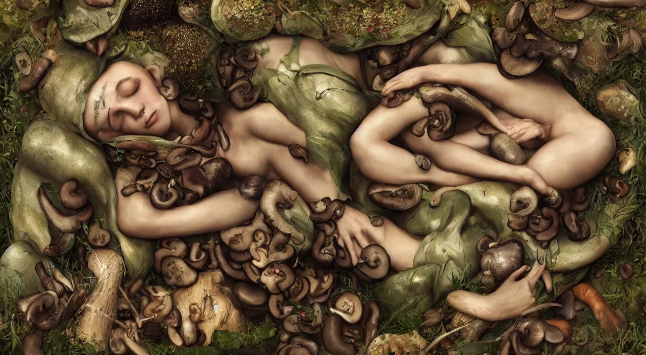 Image similar to a bio - mechanical pretty sleeping giant woman with mushrooms as camouflage highly detailed, cinematic, perfect face, cyberpunk, fine details, studio lighting, subtle shadows, art by hieronymus bosch, photo - realism, hyper realism, octane render