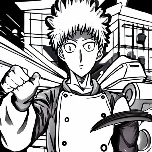 Image similar to one punch man dressed as a baker, in a bakery kitchen, baking french baguette, instagram post, detailed manga style