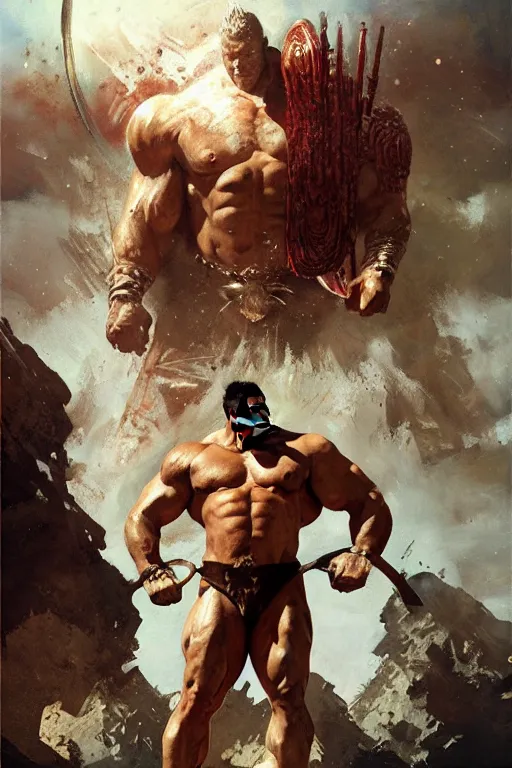 Image similar to giant bodybuilding warrior king on venus by ruan jia, jack kirby, norman rockwell, wayne barlow, sergey krasovskiy, zdzislaw beksinski, artstation creature