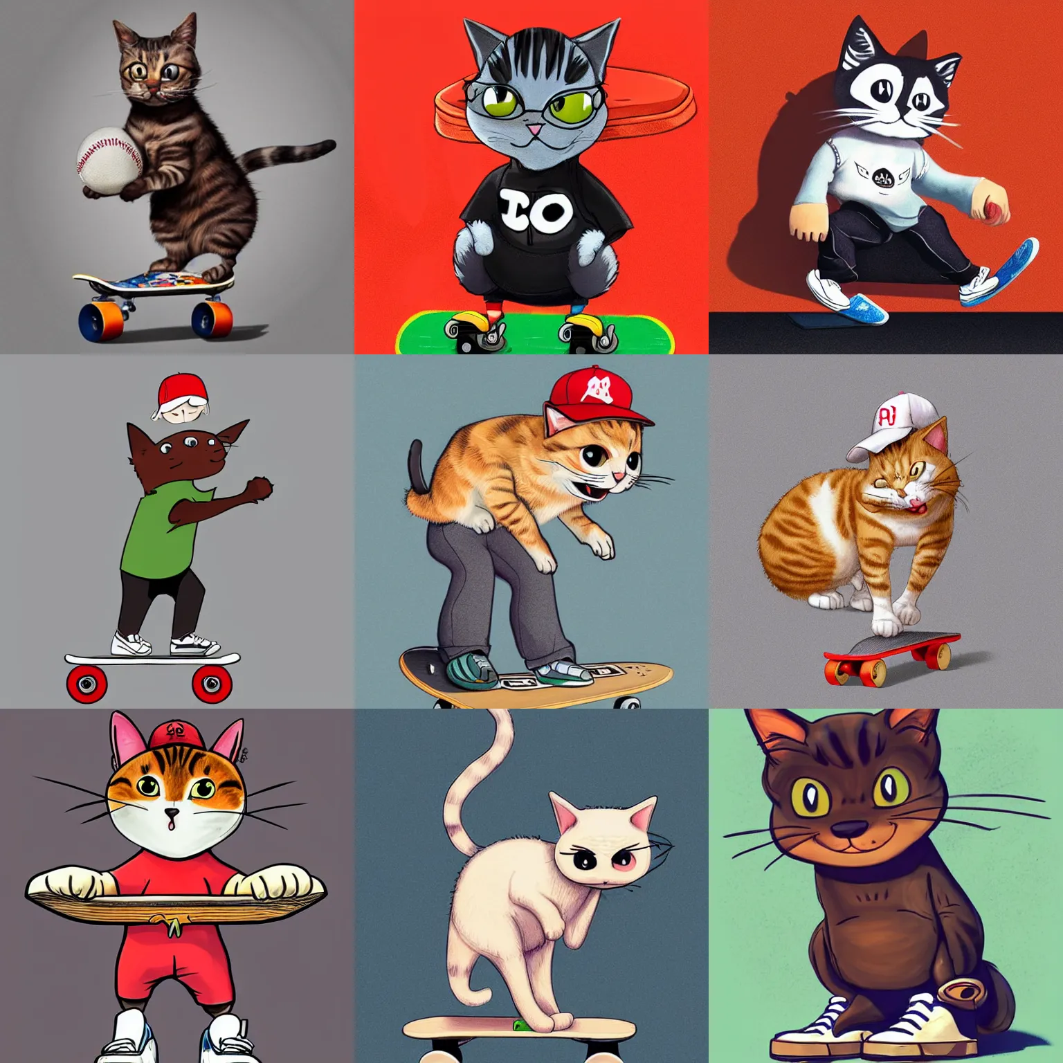 Prompt: cute and funny, a cat standing on its back legs, wearing high top sneakers and a baseball cap, riding a skateboard, by mike judge, trending at artstation, award winning