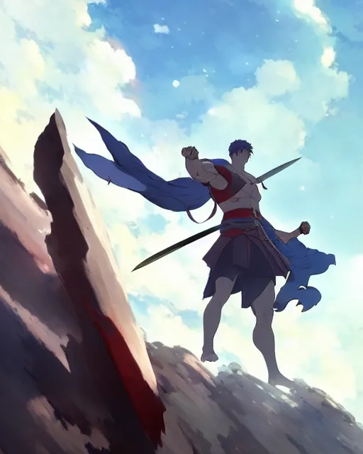 Image similar to powerful muscular warrior with a greatsword and wearing plate armor and a cape, dramatic action pose, square masculine jaw, short messy hair, trending on pixiv fanbox, by greg rutkowski makoto shinkai takashi takeuchi studio ghibli, akihiko yoshida