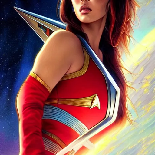 Image similar to ultra realistic illustration, megan fox as star trek captain wearing red shirt anime, intricate, elegant, highly detailed, digital painting, artstation, concept art, smooth, sharp focus, illustration, art by artgerm and greg rutkowski and alphonse mucha and wlop