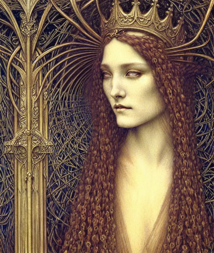 Image similar to detailed realistic beautiful young medieval queen face portrait by jean delville, gustave dore and marco mazzoni, art nouveau, symbolist, visionary, gothic, pre - raphaelite. horizontal symmetry