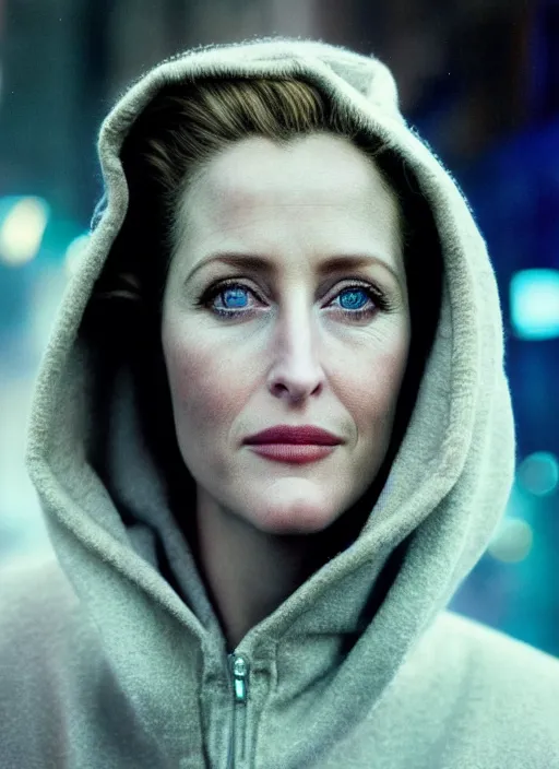 Image similar to A hyper realistic and detailed head portrait photography of Gillian Anderson in futuristic hoodie on a futuristic street. by Annie Leibovitz. Neo noir style. Cinematic. neon lights glow in the background. Cinestill 800T film. Lens flare. Helios 44m