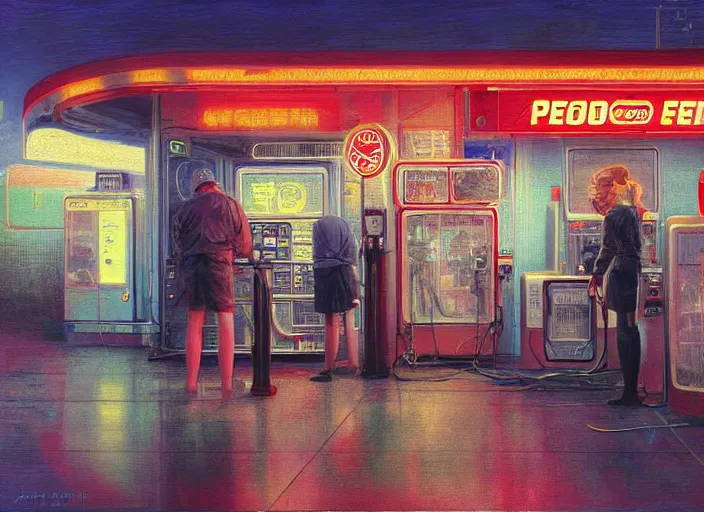 Image similar to people exterior gas station, cyberpunk neon ads, in the style of jeremy enecio, intricate, miles johnston, monet, cynical realism, john william godward, painterly, yoshitaka amano, miles johnston, louise zhang, pekka halonen, finnish naturalism, realism