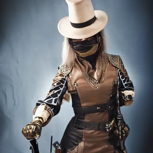 Image similar to photo of a futuristic female musketeer