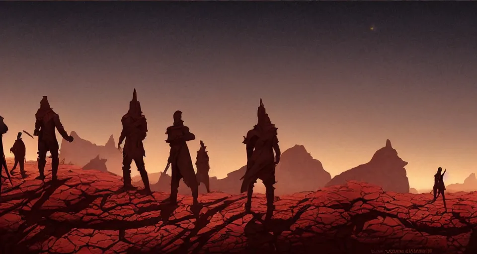 Image similar to Group of four adventurer as silhouettes, two small, one tall, Scenic view at night of the rock desert, underexposed, clean horizon, matte painting by craig mullins and dan mumford, dark fantasy, style of game of thrones, concept art trending on artstation, 4k, insane details