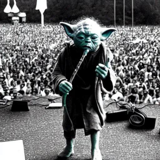 Image similar to yoda performing at woodstock