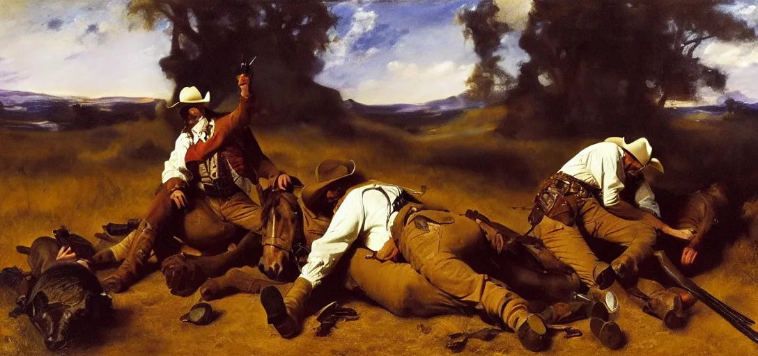 Prompt: a cowboy bleeding out after being shot by eugene von guerard, ivan shishk, rosa bonheurn, john singer sargent, 4 k