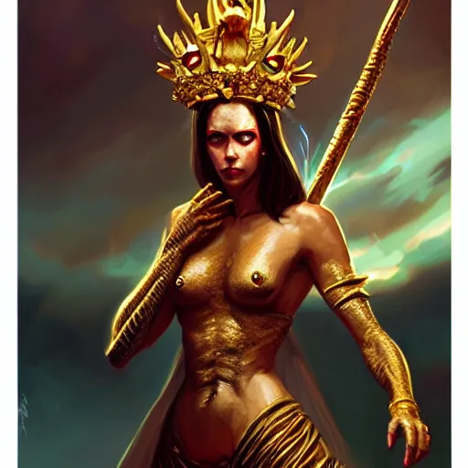 Prompt: lizard queen with crown and golden sword, bloody eyes, by greg rutkowski and artgerm, very detailed, sharp focus, magic the gathering, 8 k, intricate, dramatic