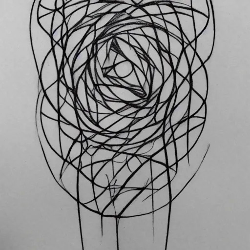 Image similar to a minimalistic thin line tattoo sketch representing interconnection of intellectual and spiritual origins of existence, straight patterns vs organic patterns, high detail