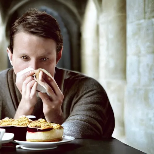 Prompt: closeup portrait of a medieval us senator eating cakes in the cloisters, depth of field, zeiss lens, detailed, symmetrical, centered, fashion photoshoot, by annie leibovitz and steve mccurry, david lazar, jimmy nelsson, breathtaking, 8 k resolution, extremely detailed, beautiful, establishing shot, artistic, hyperrealistic, beautiful face, octane render