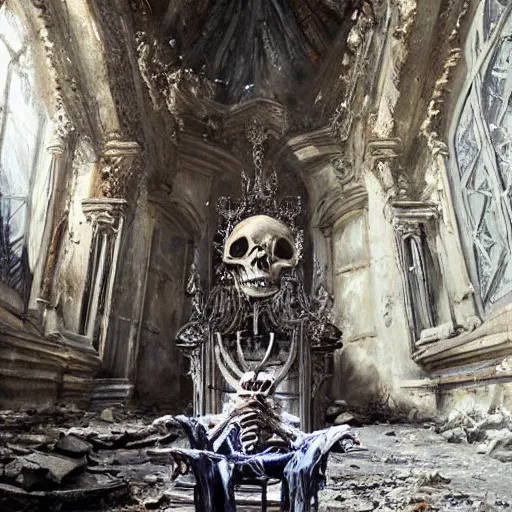 Image similar to Skeleton King wearing ragged clothes resting on a throne inside a ruined cathedral, oil painting, by Fernanda Suarez and Greg Rutkowski