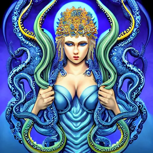 Prompt: kali is a goddess, she has blonde hair and blue eyes, and has the ability to form tentacles. 8 k fantasy art, highly detailed and intricate illustration