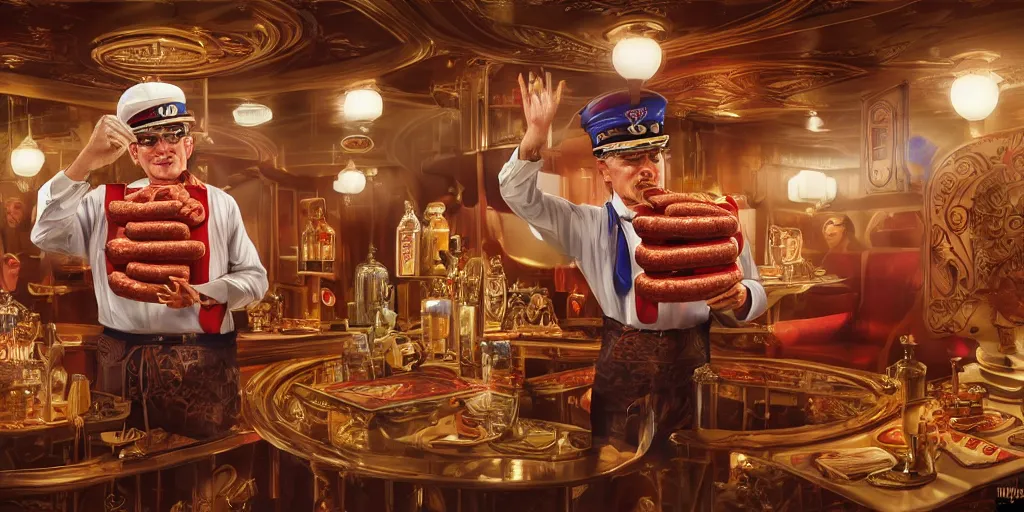 Image similar to Intricate detailed illustration, A carnival cruise ship captain with sausages for fingers, cinematic lighting, by Philip Hood, wide angle, volumetric light scattering, 8k, artstation, concept art,