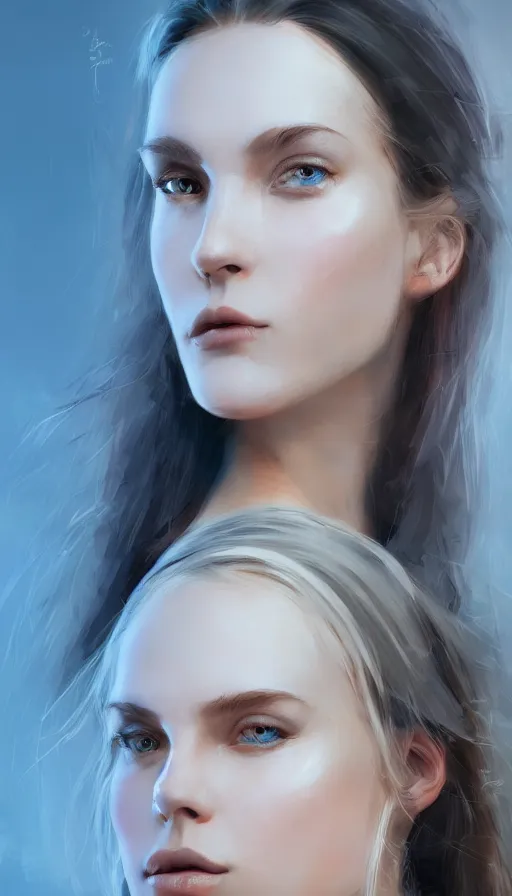 Prompt: concept art by jama jurabaev, portrait of a beautiful nordic woman, fine - face, cinematic shot, trending on artstation, high quality, brush stroke,, vibrant colors, blue eyes