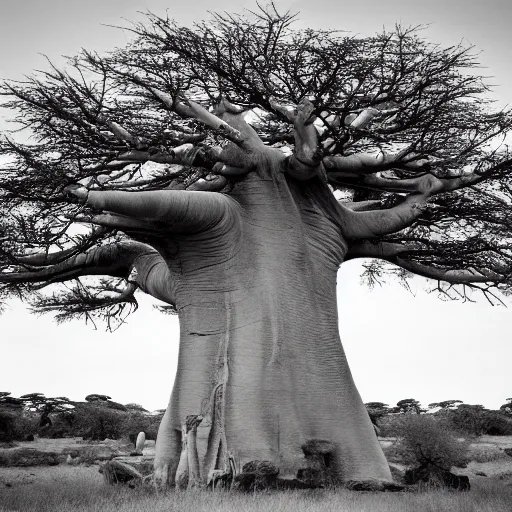 Image similar to a baobab tree, award winning black and white photography