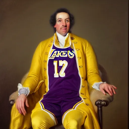 Image similar to official portrait of the los angeles lakers dictator, 1 7 8 0, in full lakers military garb. oil on canvas by william sidney mount, oil on canvas, octane render