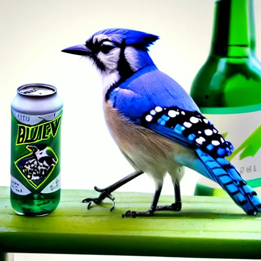 Image similar to bluejay next to a bottle of mountain dew