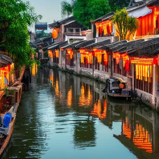 Image similar to beautiful and peaceful ancient water town in the south of china, zhouzhuang ancient town, movie style, warm color to move, boats, evening lanterns, the glow of the sunset on the water, high detailed