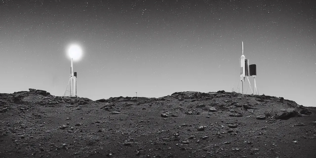 Image similar to black and white photo of a detailed rocket landing on bright mars, black background with glowing stars and satalites, cinematic film still, high contrast, astrophotography, 4 k, polaroid,