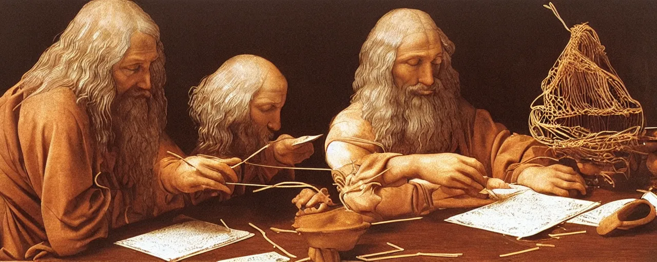 Prompt: leonardo da vinci studying spaghetti, note taking, small details, intricate, canon 8 0 mm, cinematic lighting, wes anderson film, kodachrome