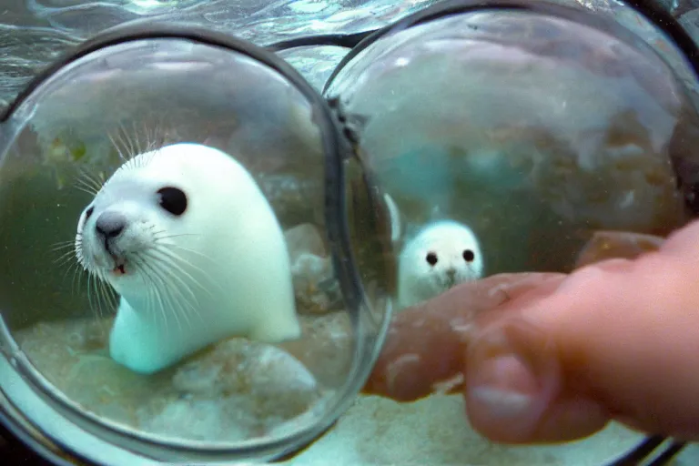 Prompt: “baby harp seals living in a terrarium, set in a mildly run down condo, 1996, photo, fish eye lens”