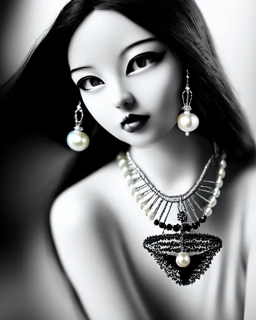 Image similar to black and white dreamy young beautiful female artificial intelligence, realistic pearl ornament in the face, long hair are intricate with highly detailed realistic pearls, cinematic, rim light, bokeh, photo - realistic, elegant, high detail, 8 k, masterpiece, photo taken in 1 9 3 0