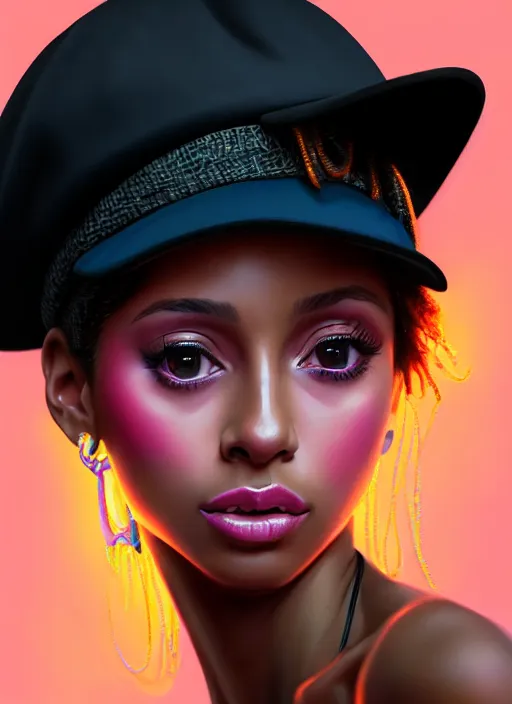 Image similar to portrait of young vanessa morgan with bright pink hair, black girl, vanessa morgan, curly pixie cut hair, wearing newsboy cap, newsboy cap, hoop earrings, intricate, elegant, glowing lights, highly detailed, digital painting, artstation, concept art, smooth, sharp focus, illustration, art by wlop, mars ravelo and greg rutkowski