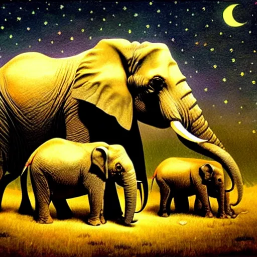 Image similar to two adult elephants and a baby elephant sleeping soundly under a starry sky surrounded by savannah, illustration, detailed, smooth, soft, warm, by Adolf Lachman, Shaun Tan