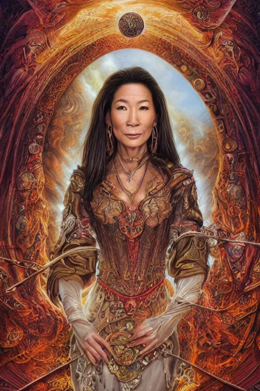 Image similar to A beautiful detailed tarot card of Michelle Yeoh, by tomasz alen kopera and Justin Gerard, symmetrical features, ominous, magical realism, texture, intricate, ornate, royally decorated, whirling smoke, embers, red adornements, red torn fabric, radiant colors, fantasy, trending on artstation, volumetric lighting, micro details, 3d sculpture, ray tracing, 8k, anaglyph effect