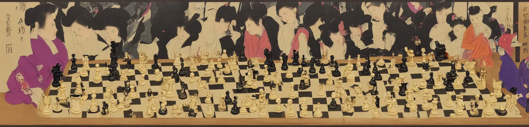 Prompt: chess set, carmen kass, very small number of people, mary stevenson cassatt, ukiyo - e, galactic yellow violet colors