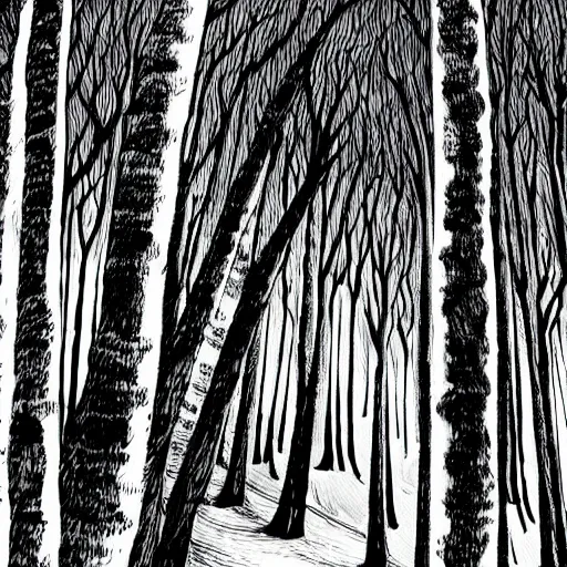 Image similar to bright forest illustration, 4k detailed, black ink on white paper, dark fantasy, white space in middle