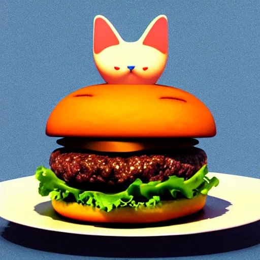 Image similar to a burger in the shape of a cat, with fries, volumetric lighting, 4 k