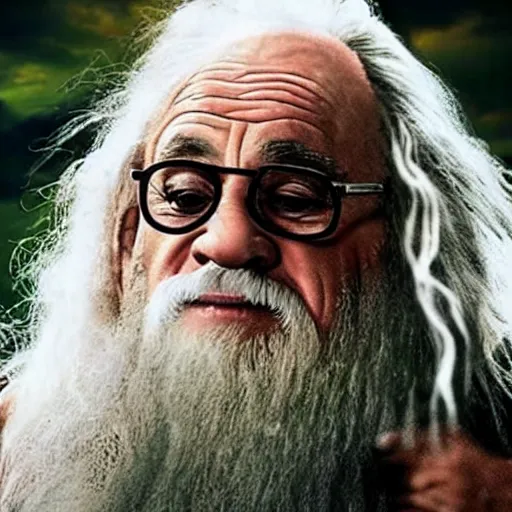 Image similar to movie still of danny devito starring as gandalf the white in the 2 0 2 4 lord of the rings movie, full body, hyper realistic, high quality, wide angle