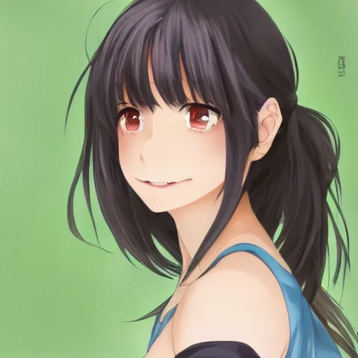 Prompt: A medium shot anime portrait of a happy blue-eyed brunette anime woman, a single short ponytail, parted hair, blue eyes, green eyes, open mouth, solid smooth teeth with large breasts, wearing a blouse, solid background, by Stanley Artgerm Lau, WLOP, Rossdraws, James Jean, Andrei Riabovitchev, Marc Simonetti, and Sakimi chan, trending on artstation
