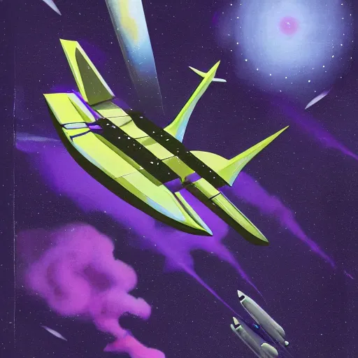 Prompt: spaceship flying through purple thunderstorm, science fiction pulp illustration