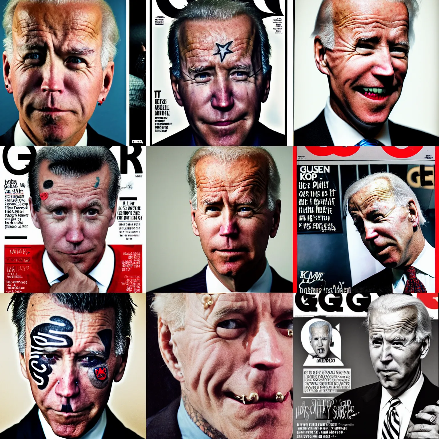 Prompt: GQ magazine photograph of punk Joe Biden with face tattoos, piercings, sneering at the camera, fisheye lens, Kodachrome