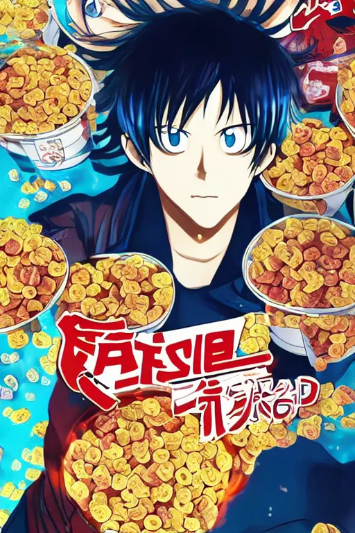 Prompt: manga cover, ryan gosling, cereal boxes background, cereal, emotional lighting, character illustration by tatsuki fujimoto, chainsaw man, fire punch
