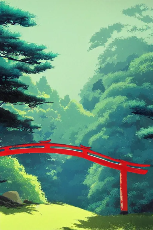 Image similar to Japanese Torii in a colorful moutain with beautiful trees ,morning , by studio ghibli painting, superior quality, masterpiece, traditional Japanese colors, by Grzegorz Rutkowski, concept art