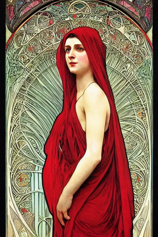 Prompt: hyper-realistic detailed full body portrait of woman with red veil hijab by Alphonse Mucha and Pablo Picasso, Art Nouveau, Neo-Gothic, gothic, iridescent deep colors