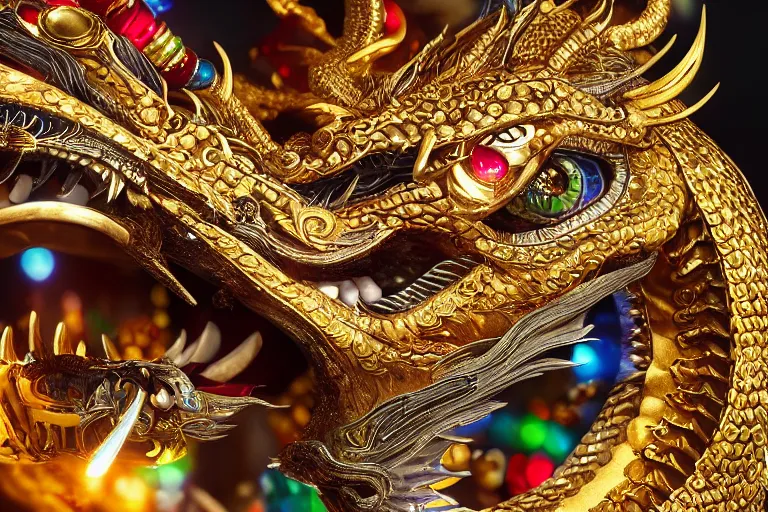 Prompt: cinematic closeup portrait of a miniature gold and silver chinese dragon intricately decorated with colorful jewels, detailed textures, midnight city lights, strong bokeh, dramatic lighting, unreal engine, cgsociety, artstation, 4k