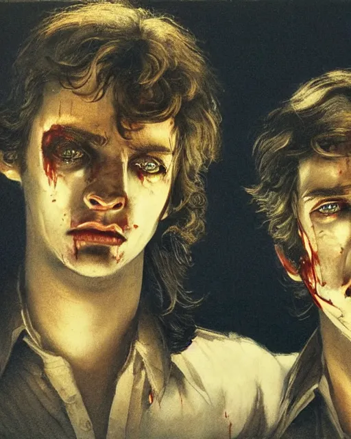 Prompt: two handsome but creepy young men in layers of fear, with haunted eyes and wild hair, 1 9 7 0 s, seventies, wallpaper, a little blood, moonlight showing injuries, delicate embellishments, painterly, offset printing technique, by john howe, brom, robert henri, walter popp