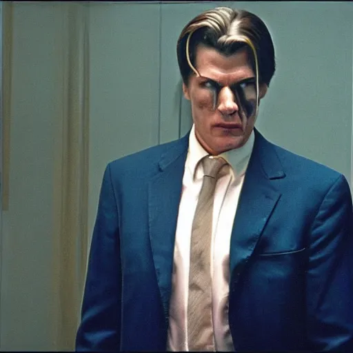 Prompt: Viktor Yushchenko as the American Psycho, cinematic still